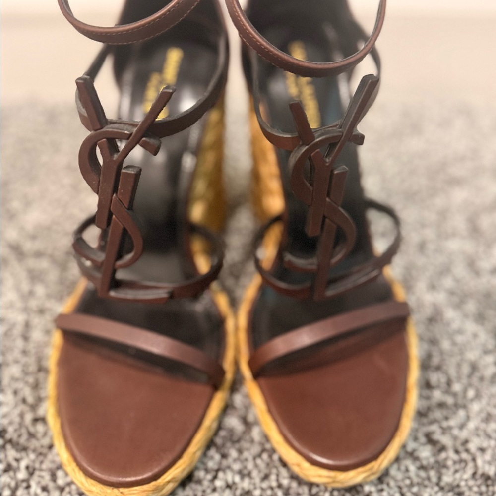 Yves Saint Laurent Dark Brown and Gold Sandals